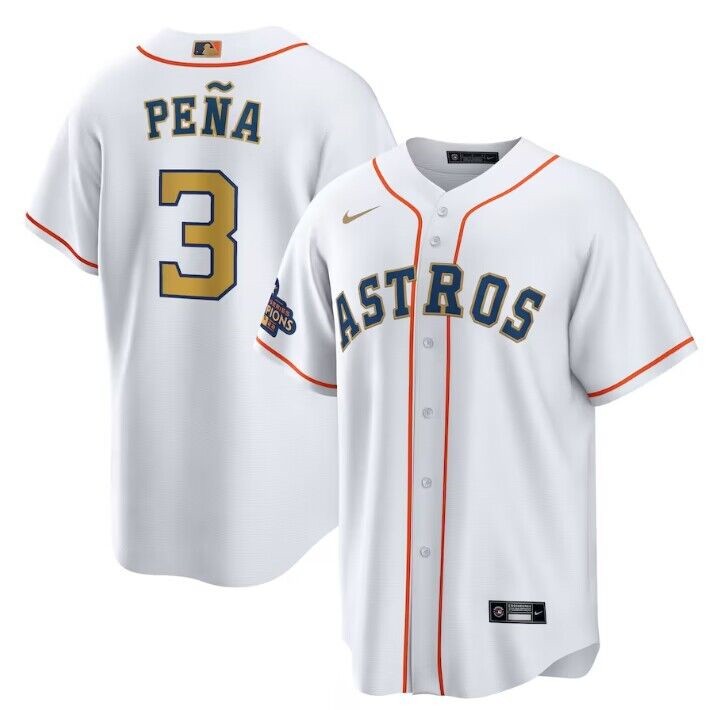 Youth Houston Astros #3 Jeremy Peña White 2023 Gold Collection With World Serise Champions Patch Stitched Baseball Jersey